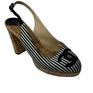 CHANEL Cruise 2008 Cork Striped CC Slingback Platform Heels Size 37 US 6.5